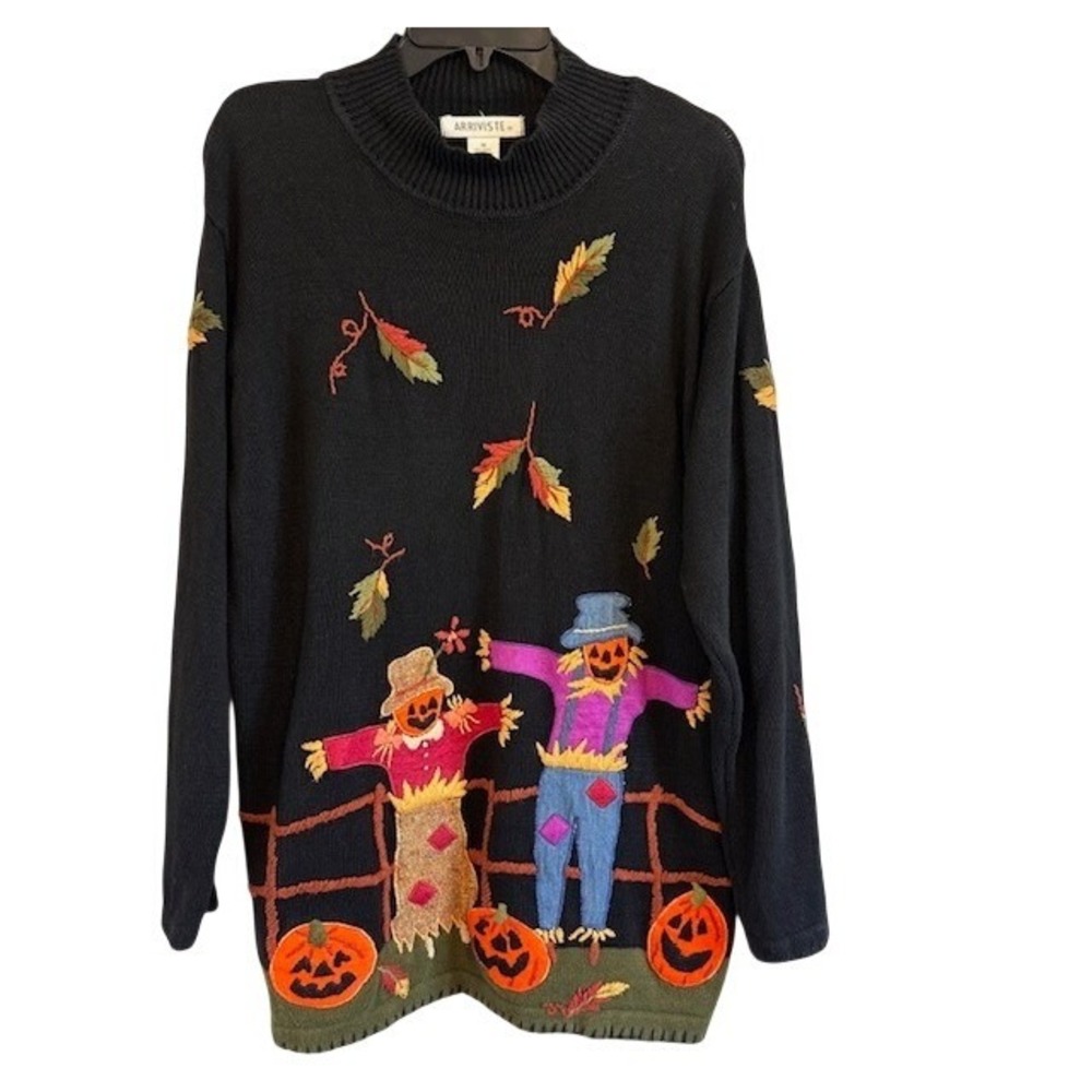Arriviste Vintage Y2k 90s Halloween Fall Pumpkin Embroidered Black Sweater MD